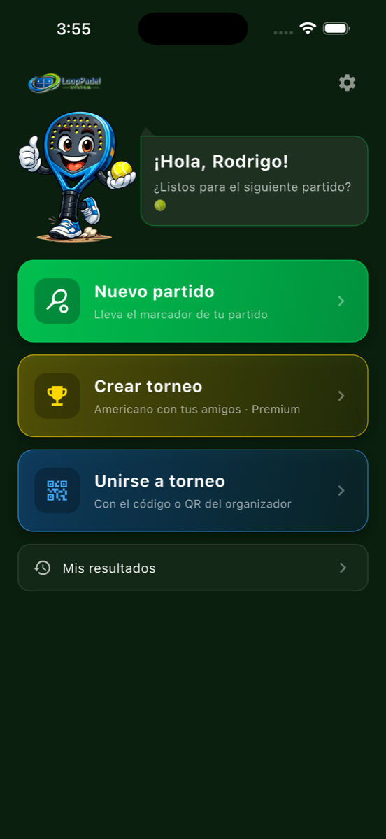 Pantalla de inicio de la app LoopPadel