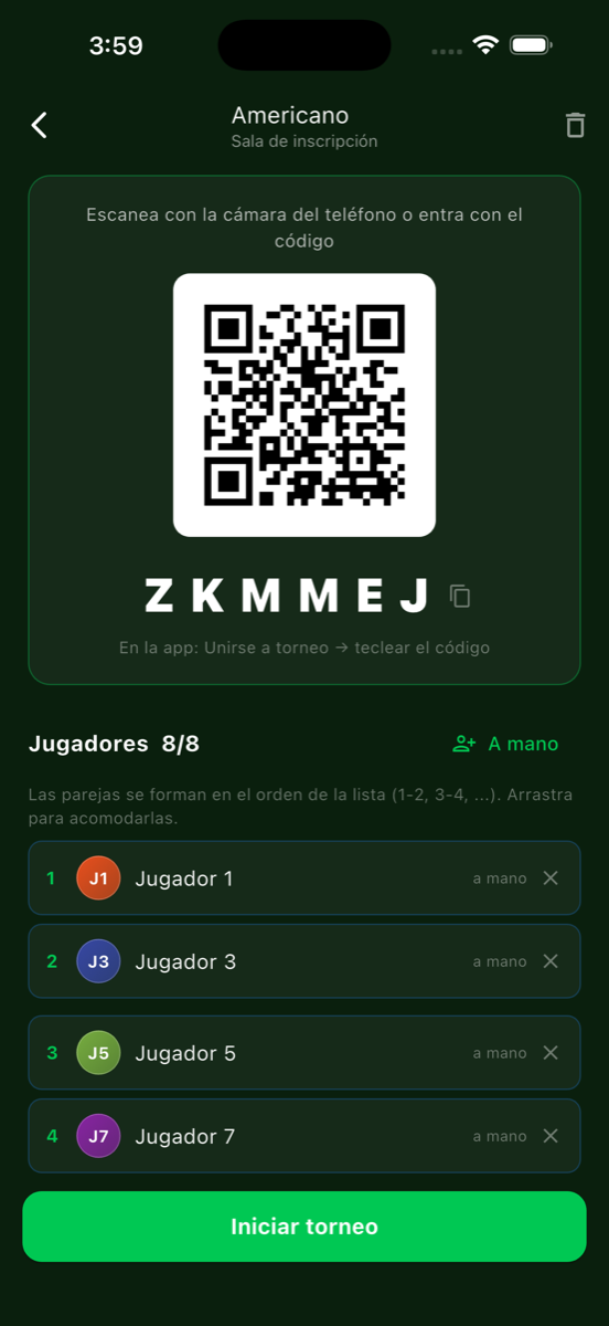 Sala de inscripción de torneo con QR y código